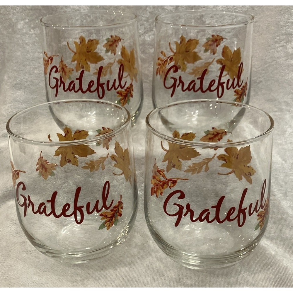 Thanksgiving Fall Leaves Stemless Wine Water Glasses GRATEFUL Table Barware (4)